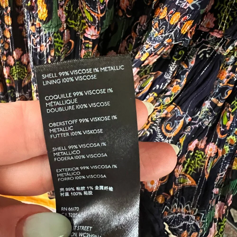 Anthropologie Green Paisley Midi Dress with Navy & Pink Accents